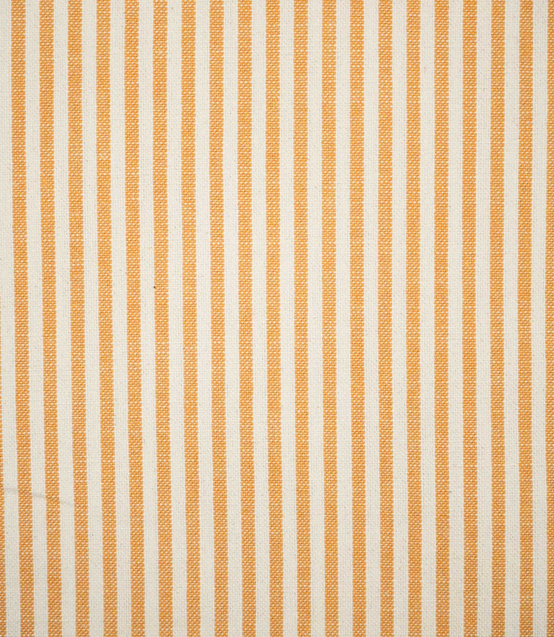 Full view of Broadway Stripe Sunflower striped fabric showing a consistent repeat of narrow sunflower orange stripes alternating with wider warm off-white stripes, creating a simple, timeless linear design with a natural woven texture.