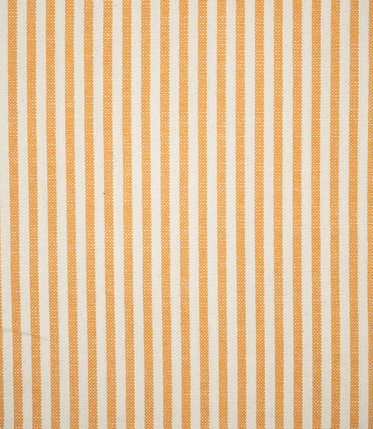 Full view of Broadway Stripe Sunflower striped fabric showing a consistent repeat of narrow sunflower orange stripes alternating with wider warm off-white stripes, creating a simple, timeless linear design with a natural woven texture.