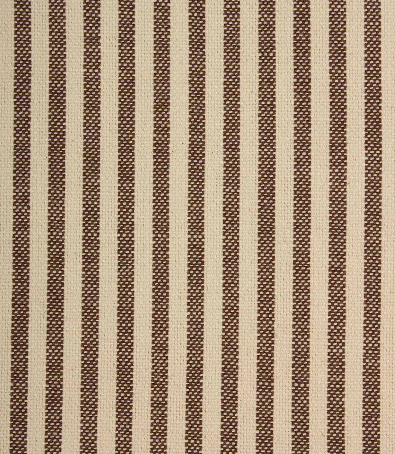 Close-up of Broadway Stripe Mocha woven fabric showcasing narrow brown stripe detailing and textured upholstery weave on a cream ground.