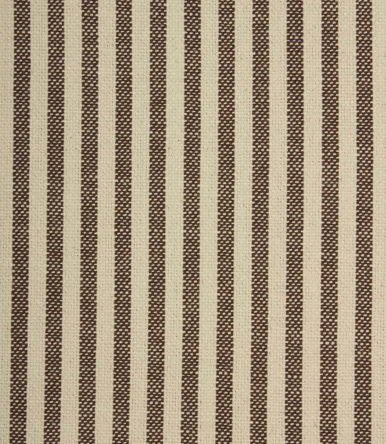 Close-up of Broadway Stripe Mocha woven fabric showcasing narrow brown stripe detailing and textured upholstery weave on a cream ground.