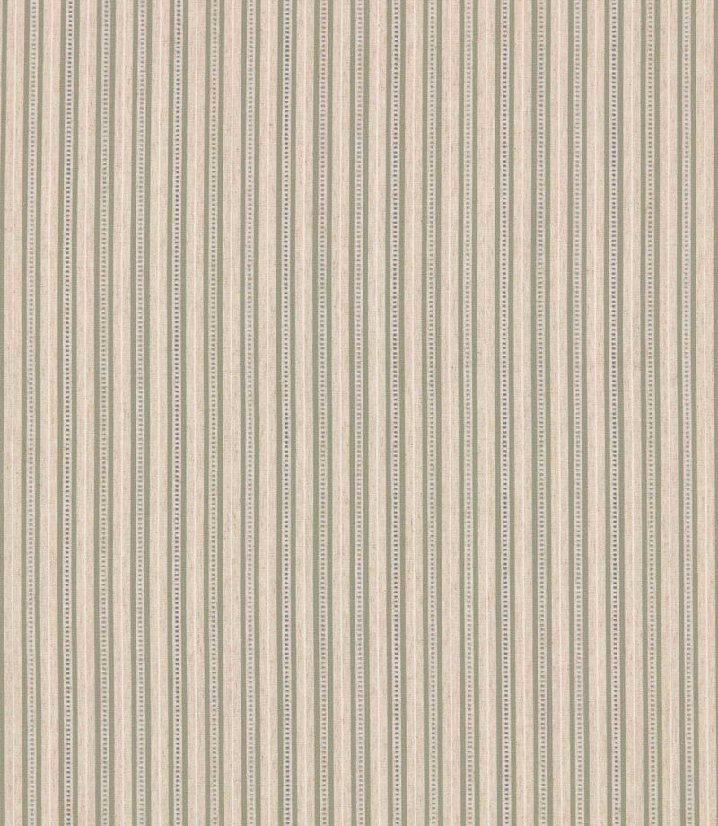 Brookhaven Cascade striped fabric featuring fine sage green, muted blue and cream vertical stripes with decorative dotted detailing on a textured woven-look background.
