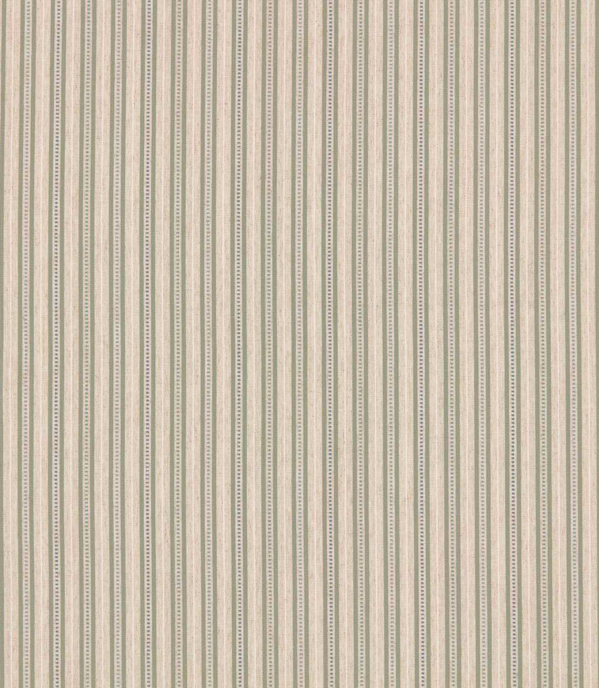 Brookhaven Cascade striped fabric featuring fine sage green, muted blue and cream vertical stripes with decorative dotted detailing on a textured woven-look background.