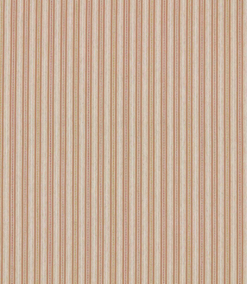 Brookhaven Coralee fabric with delicate vertical stripes in coral, terracotta, mustard and cream, featuring fine dotted detailing and a subtle woven texture.