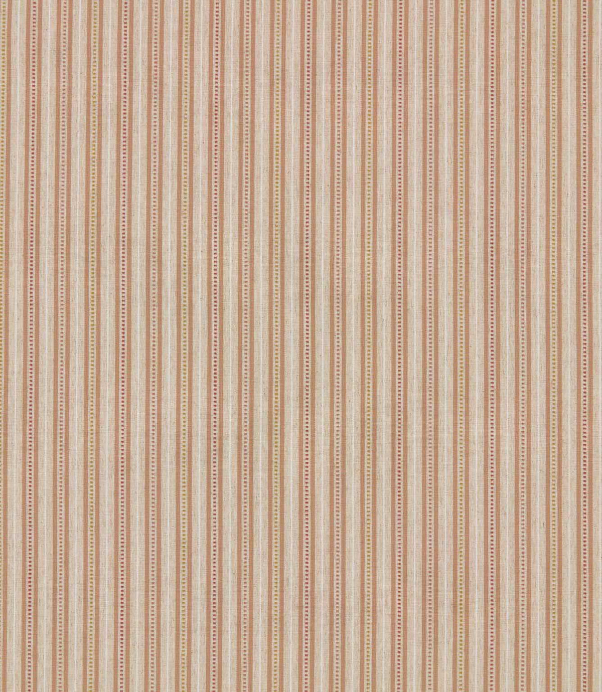Brookhaven Coralee fabric with delicate vertical stripes in coral, terracotta, mustard and cream, featuring fine dotted detailing and a subtle woven texture.
