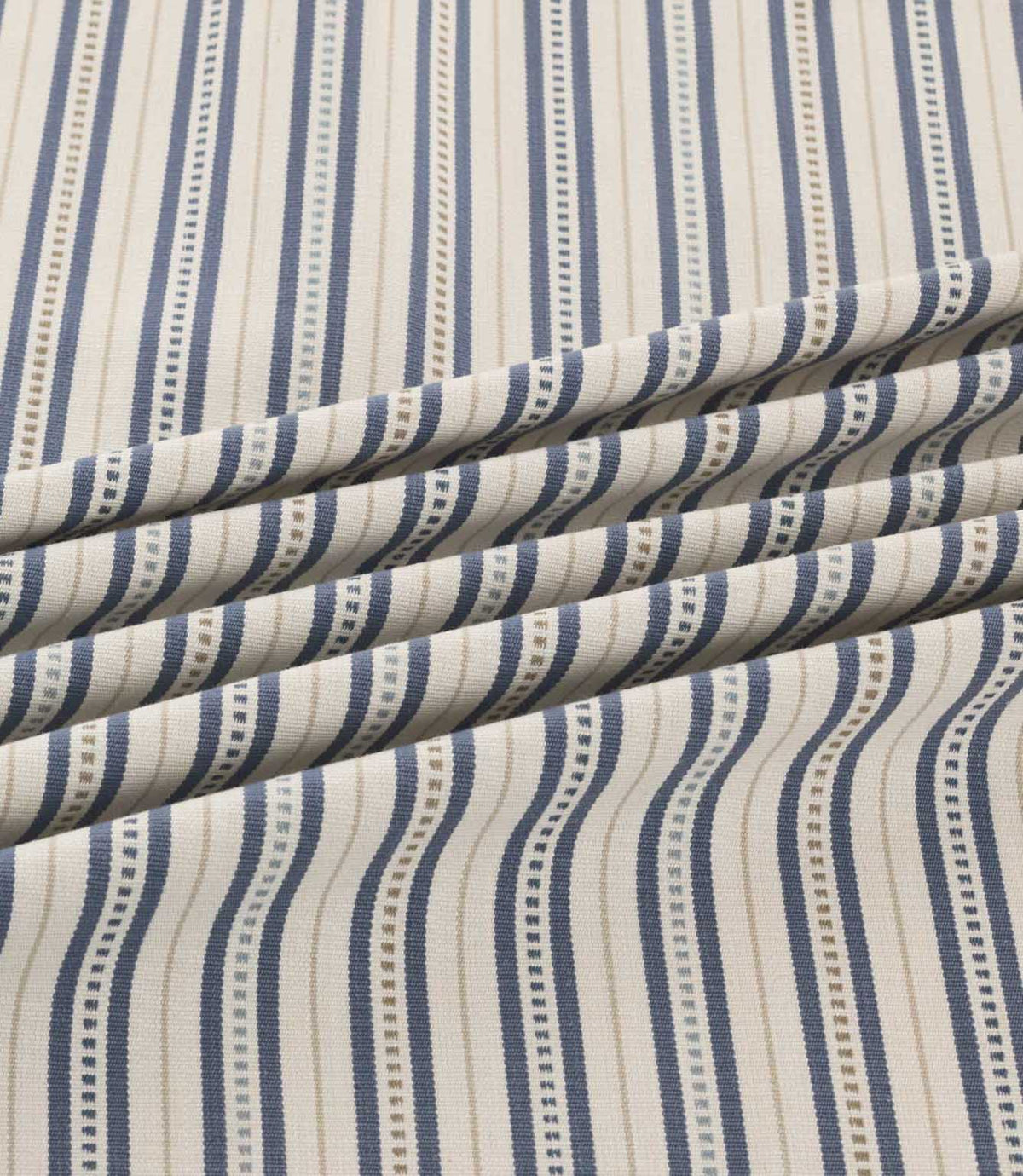 Brookhaven Nautica striped fabric arranged in soft folds, showcasing navy and slate blue vertical stripes, fine decorative dotted lines and woven-look texture.