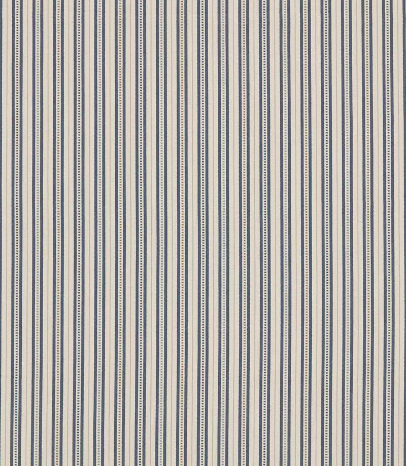 Brookhaven Nautica fabric featuring classic navy blue, slate blue and cream vertical stripes with decorative dotted lines and fine woven-look texture.