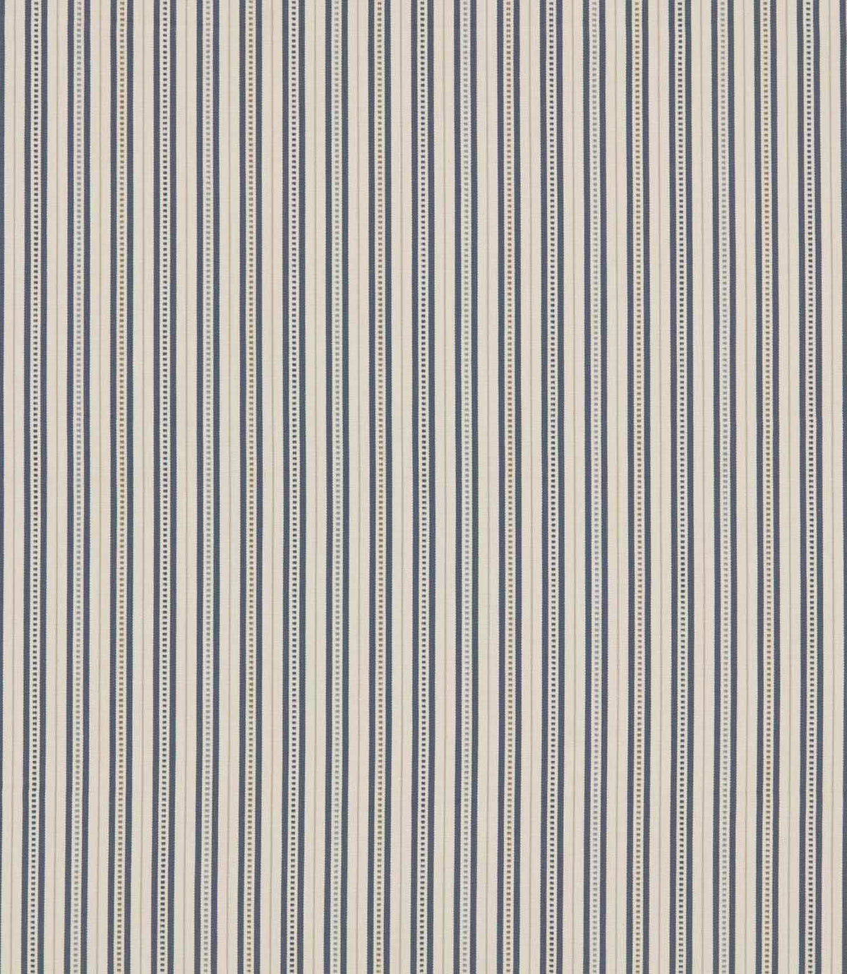 Brookhaven Nautica fabric featuring classic navy blue, slate blue and cream vertical stripes with decorative dotted lines and fine woven-look texture.