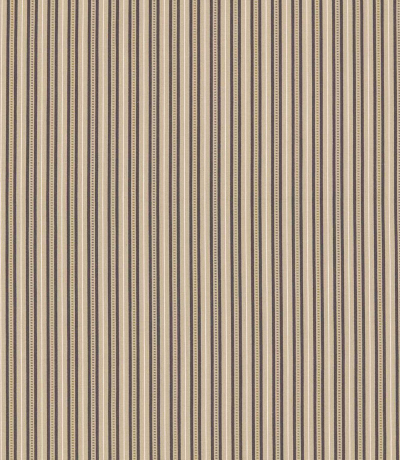 Brookhaven Rockport striped fabric with charcoal grey, taupe and cream vertical stripes, complemented by delicate dotted detailing and a textured appearance.