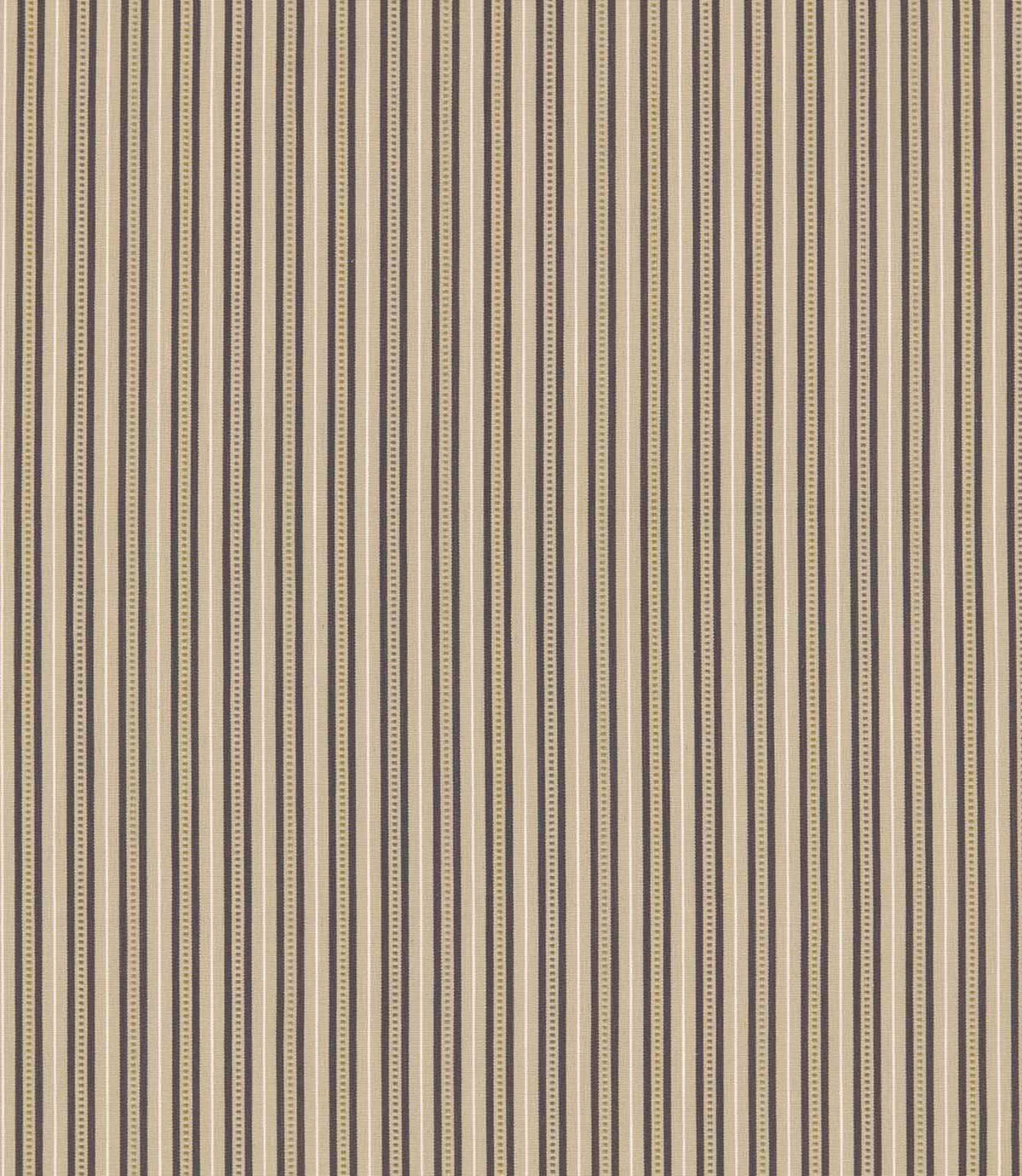 Brookhaven Rockport striped fabric with charcoal grey, taupe and cream vertical stripes, complemented by delicate dotted detailing and a textured appearance.