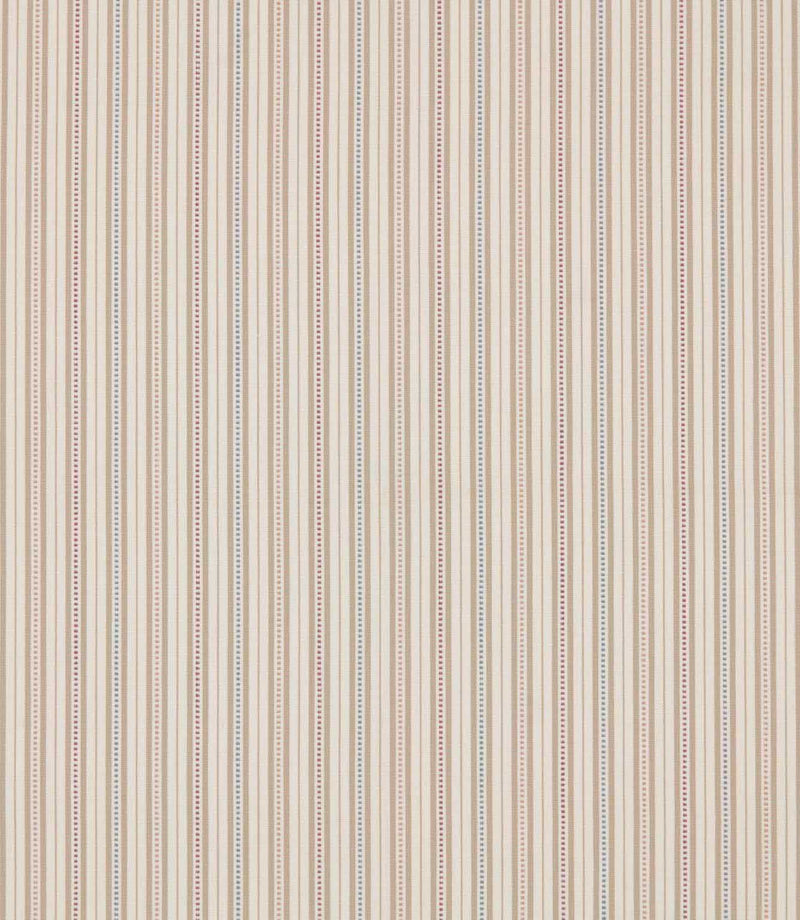 Brookhaven Shell fabric featuring delicate vertical stripes in blush pink, muted blue, terracotta and cream with fine dotted detailing on a light background.