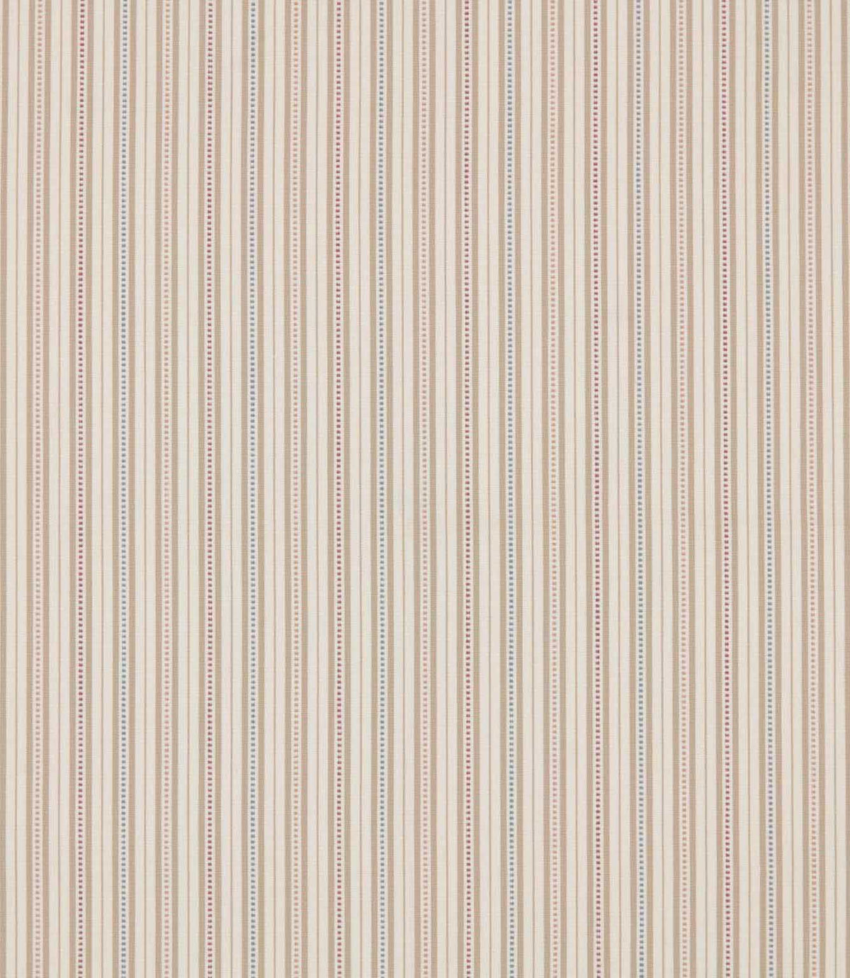 Brookhaven Shell fabric featuring delicate vertical stripes in blush pink, muted blue, terracotta and cream with fine dotted detailing on a light background.
