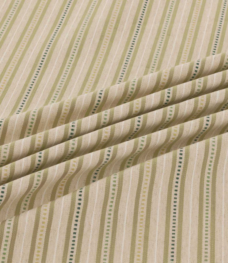 Close-up of Brookhaven Willow striped fabric in flowing folds, showcasing olive, sage and deep green vertical stripes with fine dotted detailing and textured weave.