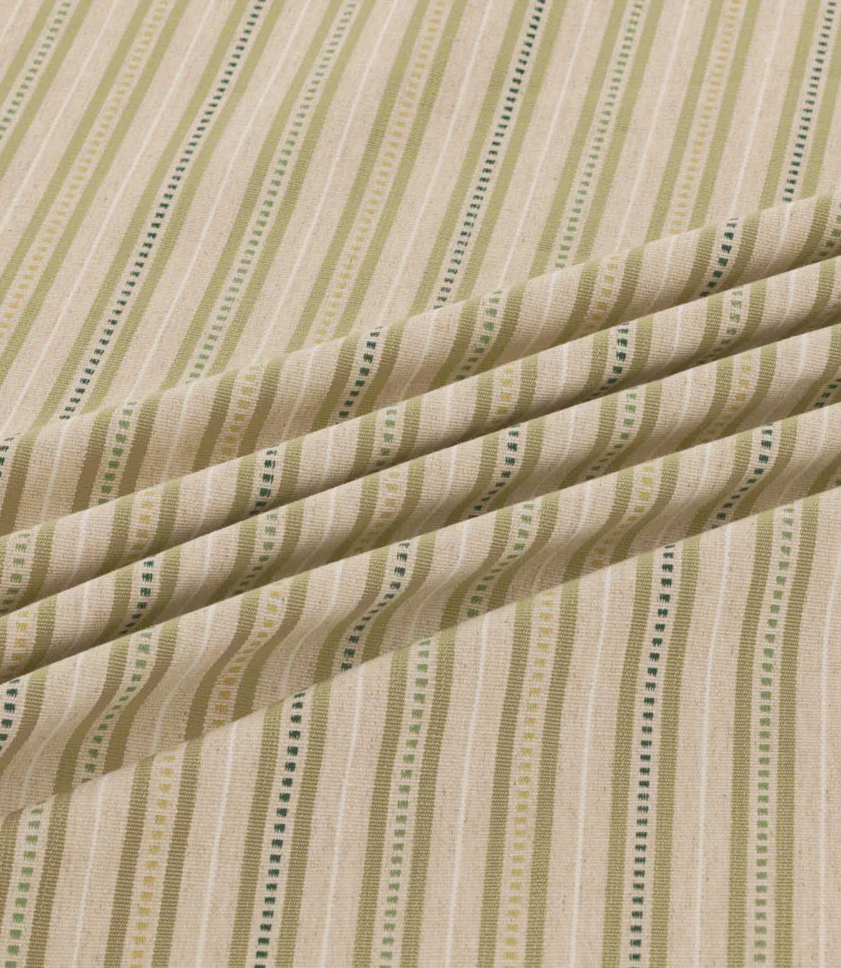 Close-up of Brookhaven Willow striped fabric in flowing folds, showcasing olive, sage and deep green vertical stripes with fine dotted detailing and textured weave.