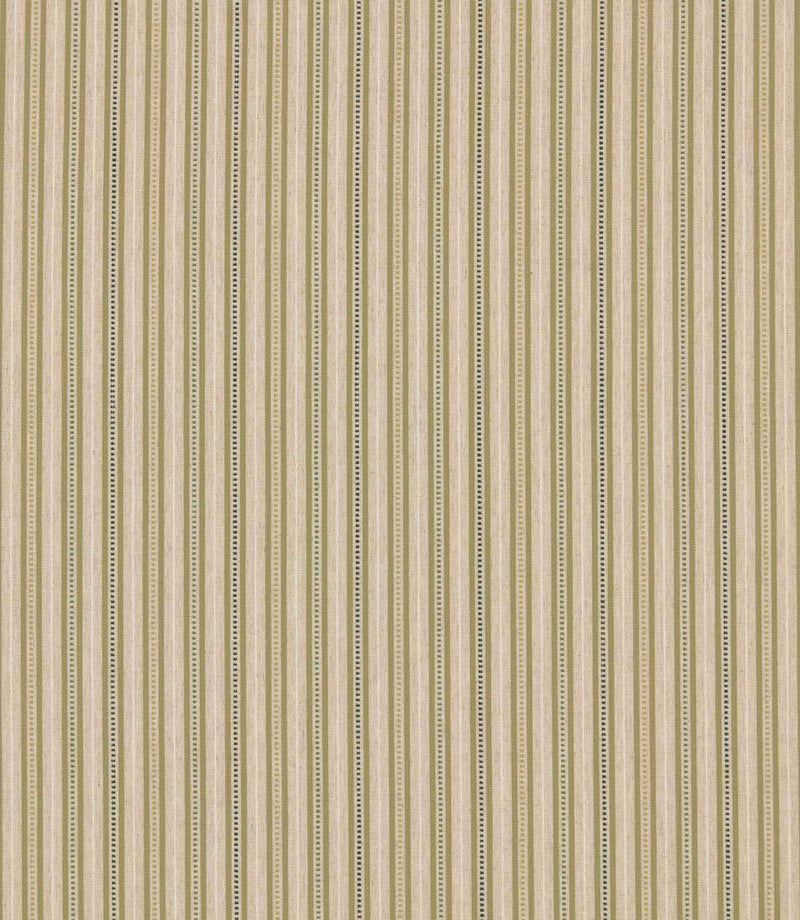 Brookhaven Willow striped fabric featuring soft olive, sage and forest green vertical stripes with dotted detailing on a natural cream woven-look background.