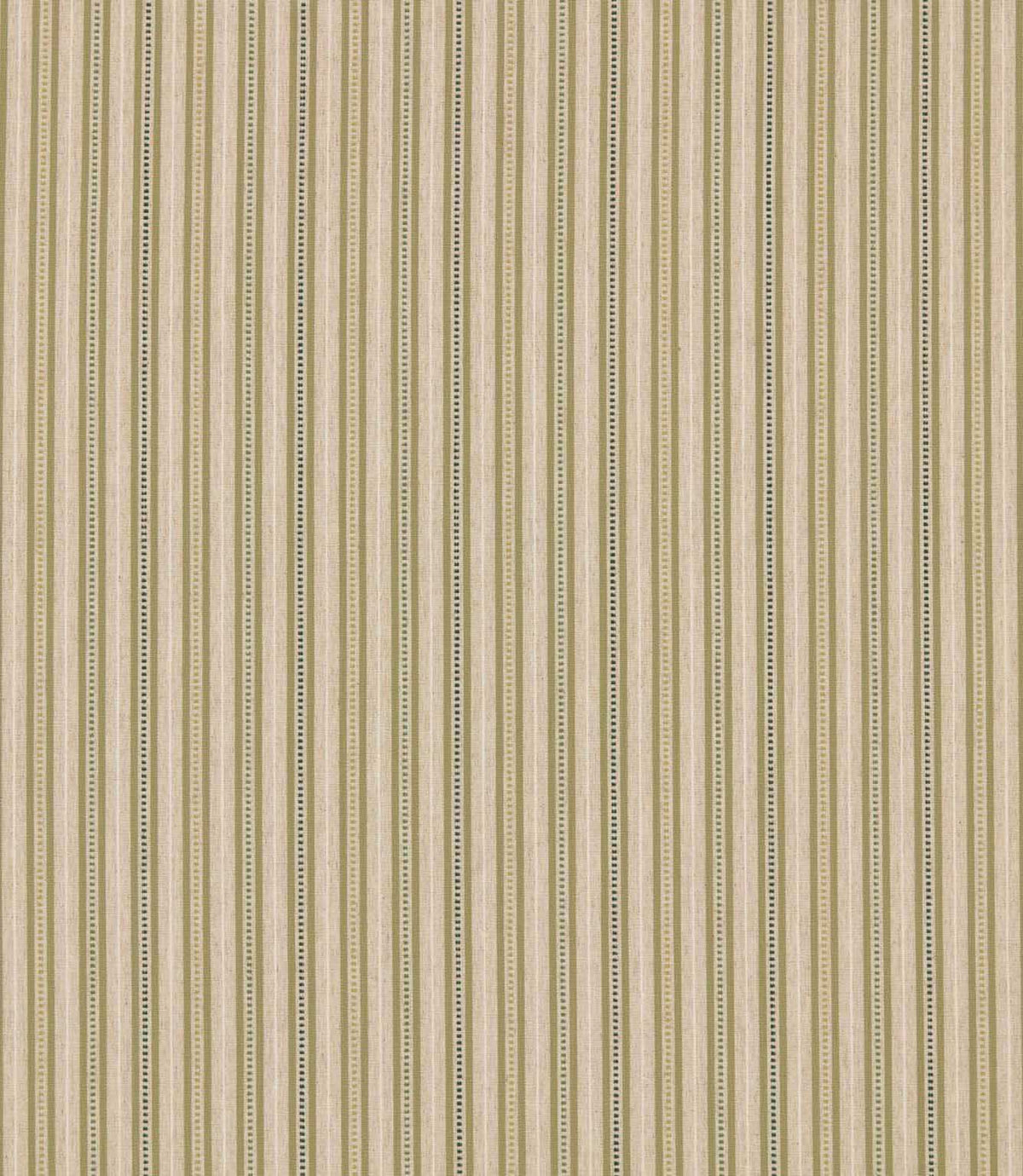Brookhaven Willow striped fabric featuring soft olive, sage and forest green vertical stripes with dotted detailing on a natural cream woven-look background.