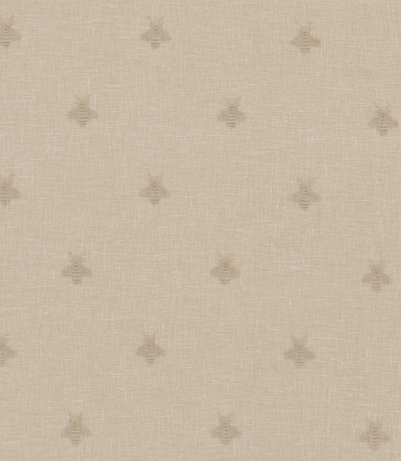 Bumblebee Linen embroidered fabric featuring subtle beige bee motifs scattered across a natural linen-look background with a fine woven texture.