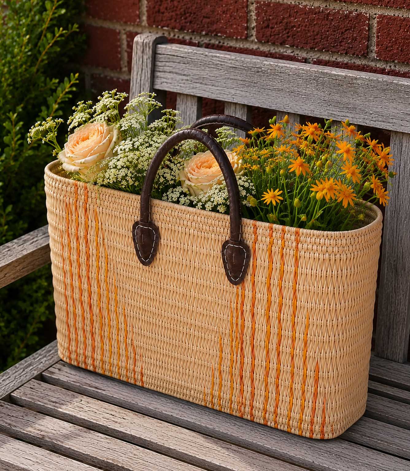 Woven basket tote bag with orange stripes and brown leather handles