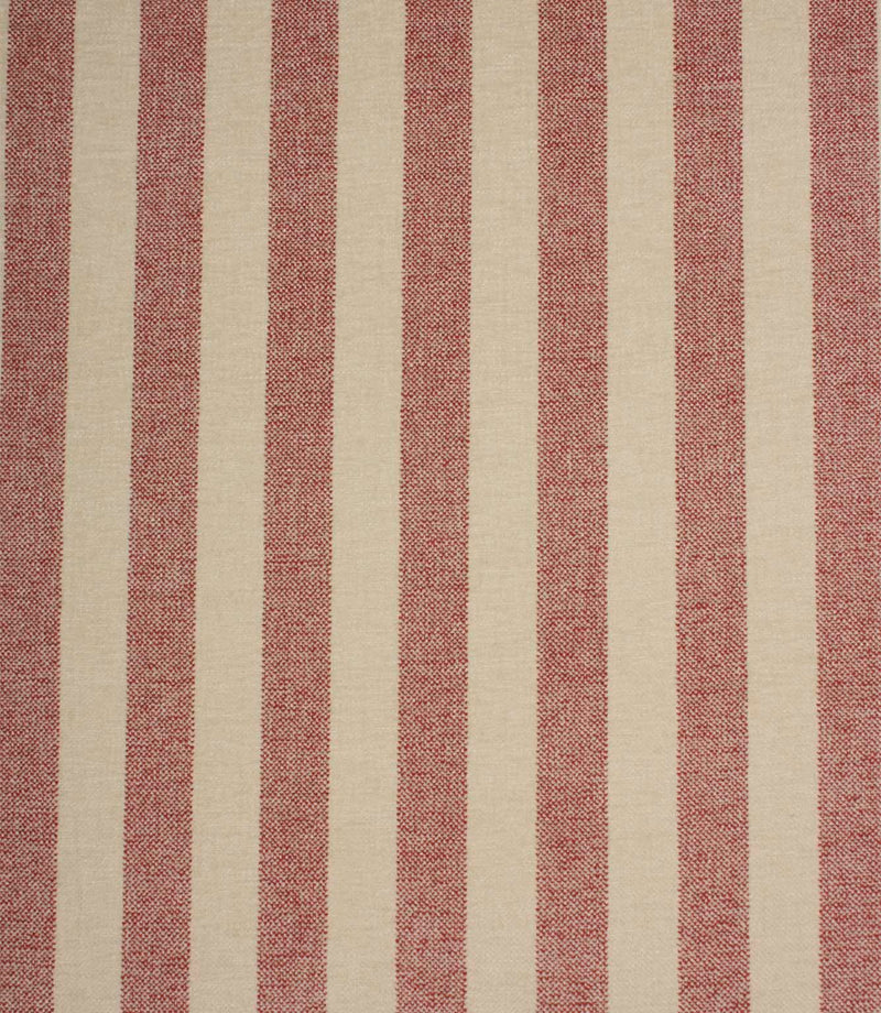 Burleigh Stripe Rose upholstery fire retardant fabric featuring wide rose pink velvet-look stripes on a natural cream woven background.
