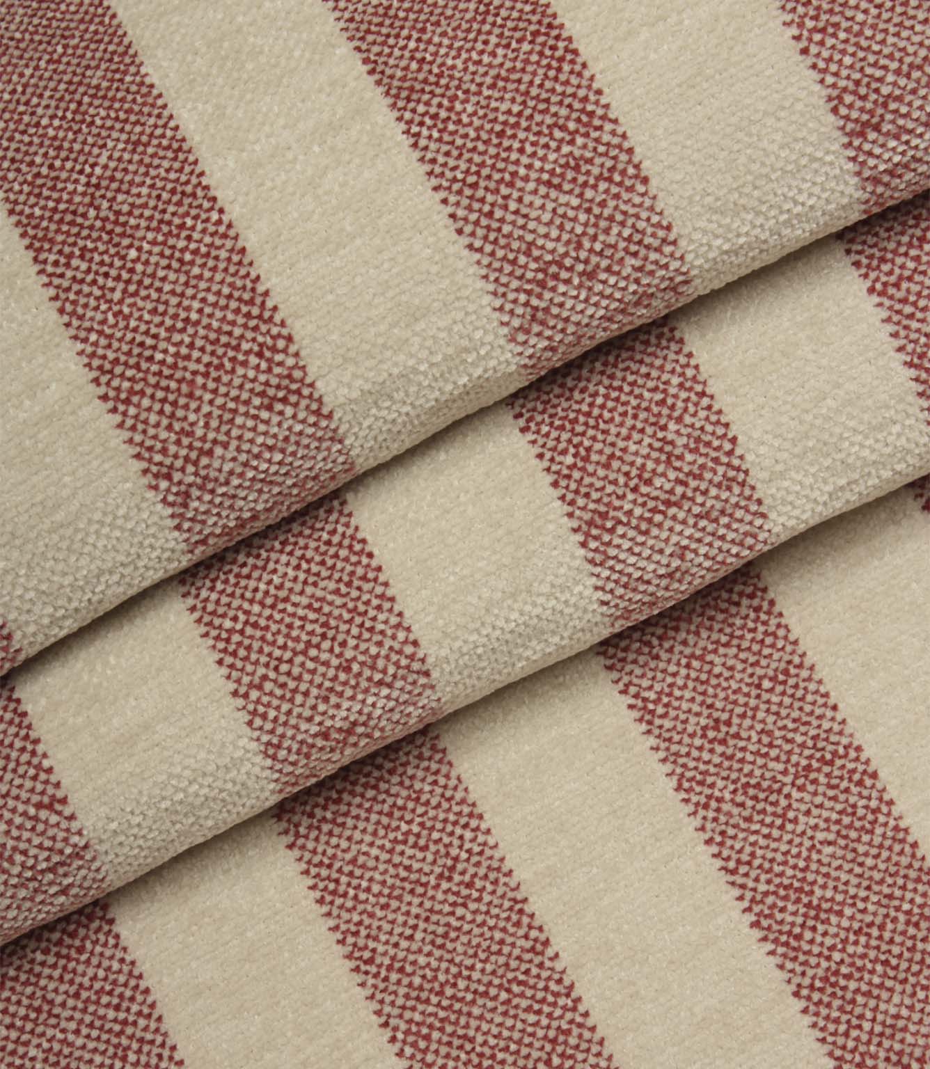 Folded Burleigh Stripe Rose fire retardant upholstery fabric displaying bold rose pink stripes and durable woven construction.