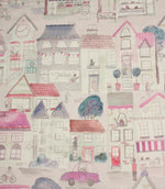 Cakes & More cotton fabric featuring a whimsical illustrated townscape design in purple and pink tones.