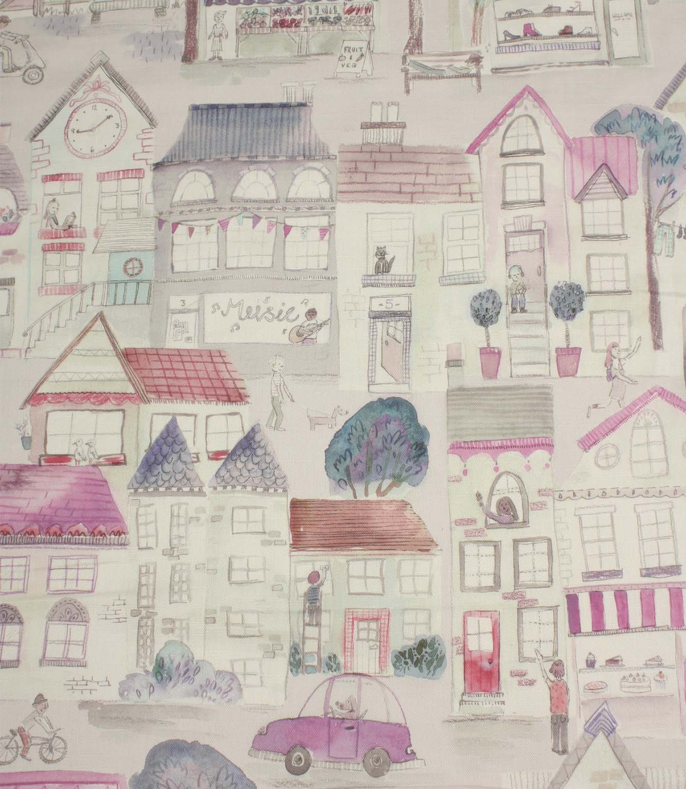 Cakes & More cotton fabric featuring a whimsical illustrated townscape design in purple and pink tones.