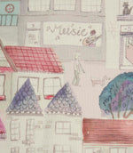 Close-up of Cakes & More cotton fabric showing hand-drawn houses, shops and detailed street scene artwork in purple and pink.