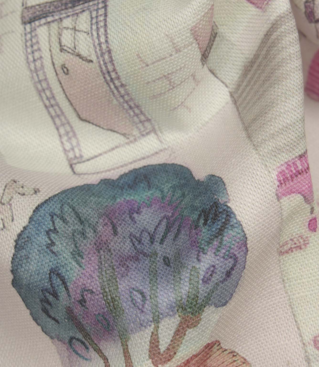 Detailed close-up of Cakes & More cotton fabric showcasing the woven texture and decorative tree motif in purple and pink colours.