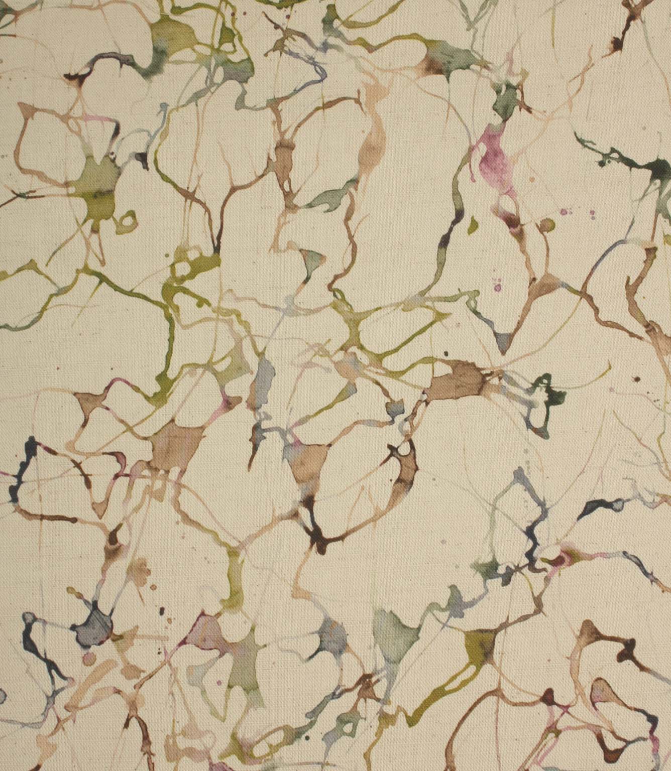 Carrara cotton linen fabric featuring an abstract contemporary design in green, pink, blue and neutral tones.