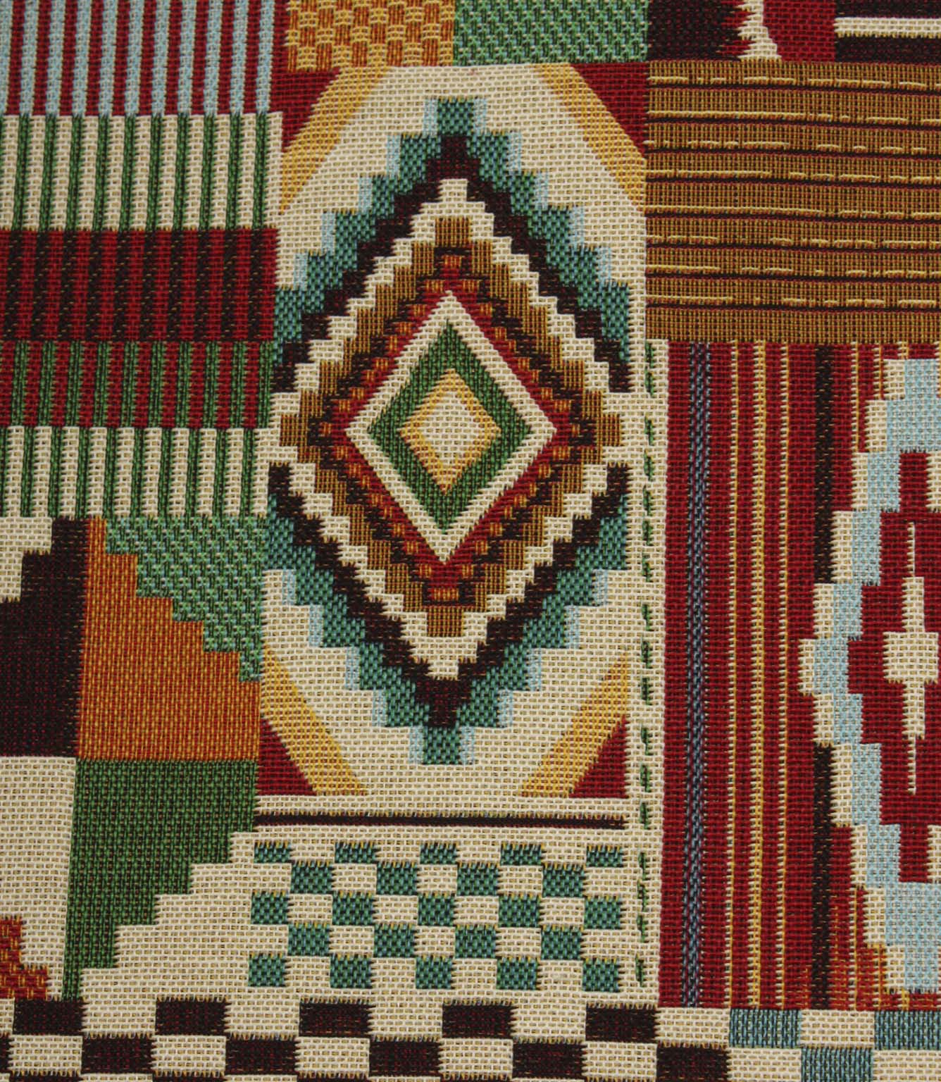 Close-up of vibrant geometric woven fabric showcasing intricate Aztec-style diamond patterns, stripes, and textured tapestry weave detail.