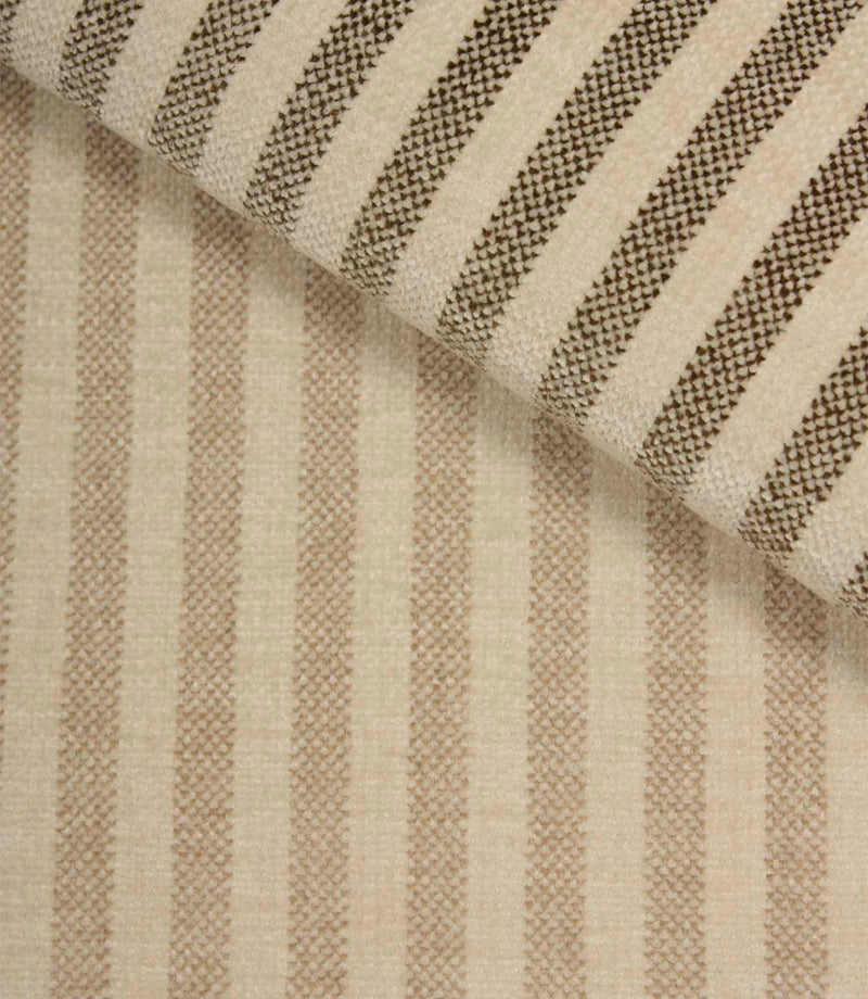 Cavendish Stripe upholstery fabric comparison showing pebble beige stripe colourway alongside the slate stripe option, highlighting the woven stripe design and upholstery fire retardant quality.