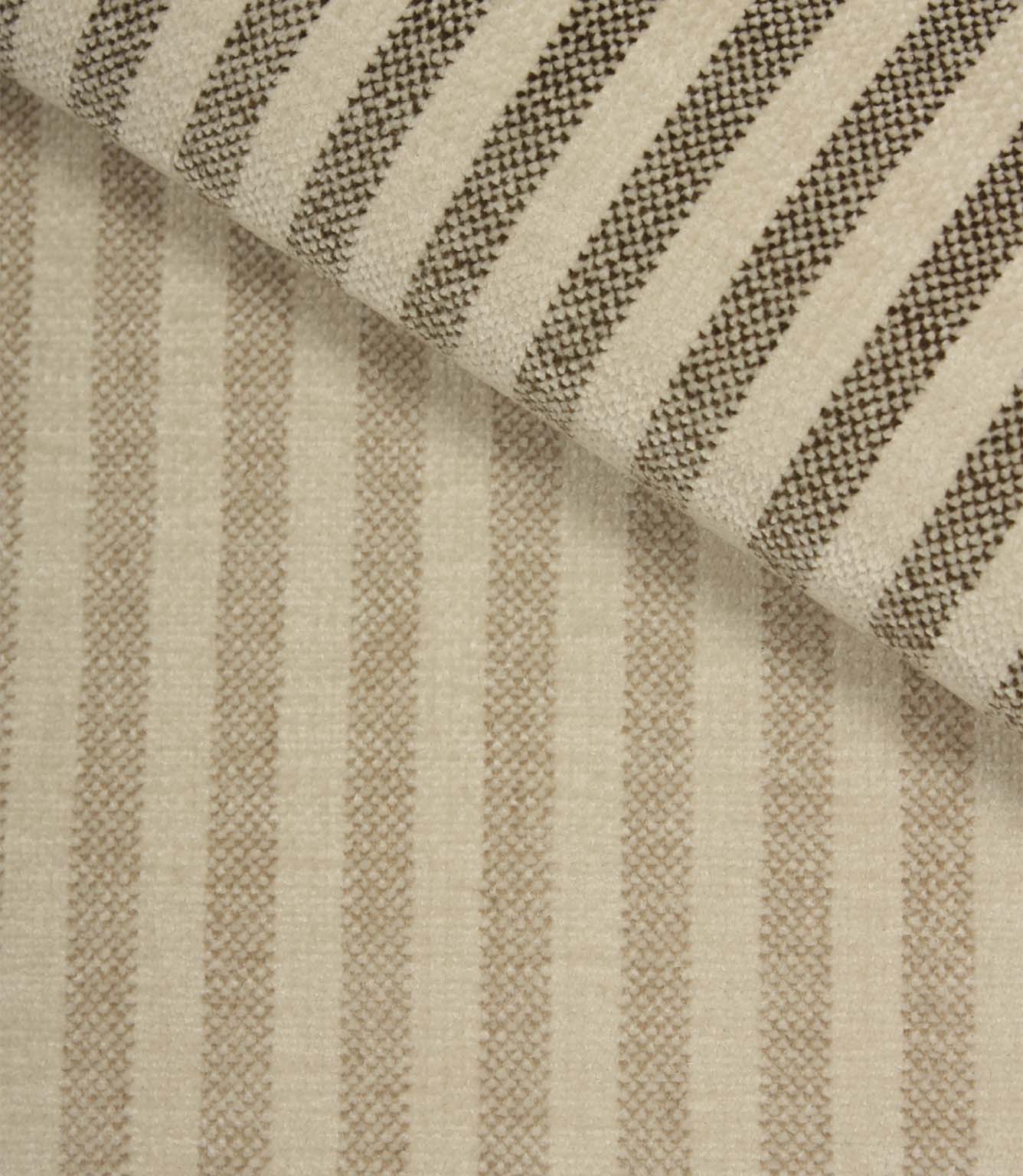 Cavendish Stripe upholstery fabric comparison showing pebble beige stripe colourway alongside the slate stripe option, highlighting the woven stripe design and upholstery fire retardant quality.