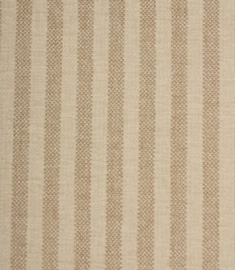 Close-up of Cavendish Stripe Pebble striped upholstery fabric showcasing textured pebble beige woven stripes and a soft velour-inspired surface.
