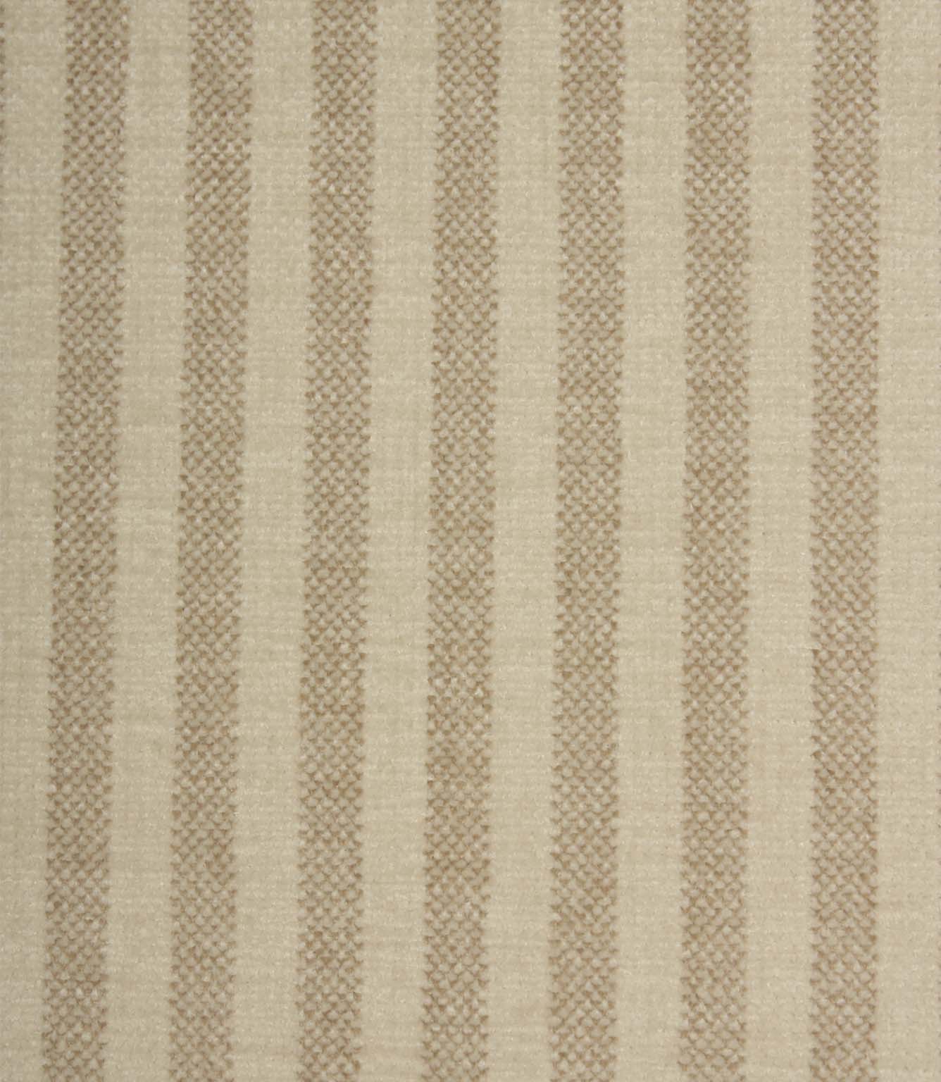 Close-up of Cavendish Stripe Pebble striped upholstery fabric showcasing textured pebble beige woven stripes and a soft velour-inspired surface.