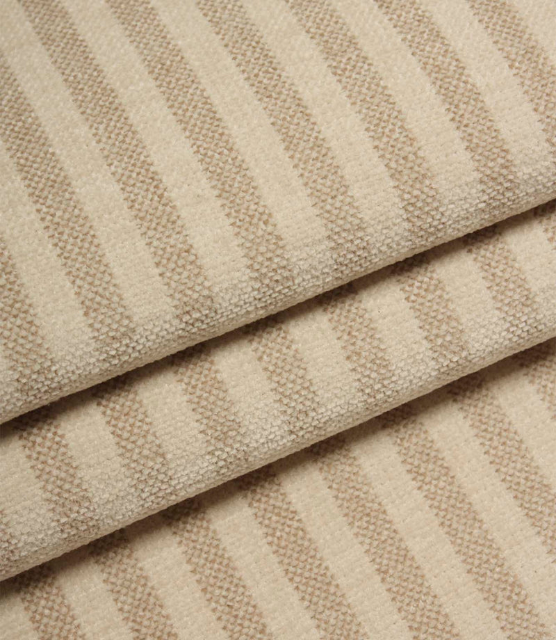 Folded Cavendish Stripe Pebble fire retardant upholstery fabric displaying elegant pebble beige stripes and durable woven texture.