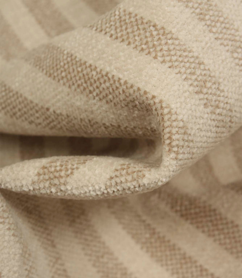 Detailed close-up of Cavendish Stripe Pebble upholstery fire retardant fabric featuring pebble beige woven stripes and a textured velvet-look finish.