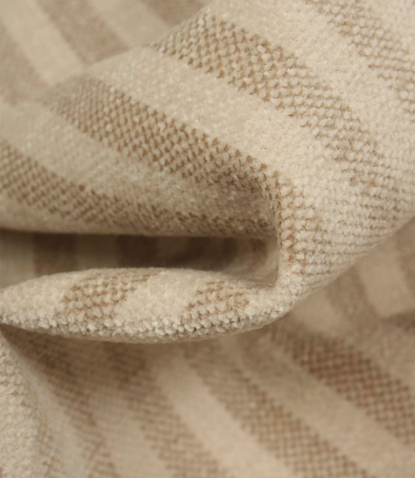 Detailed close-up of Cavendish Stripe Pebble upholstery fire retardant fabric featuring pebble beige woven stripes and a textured velvet-look finish.