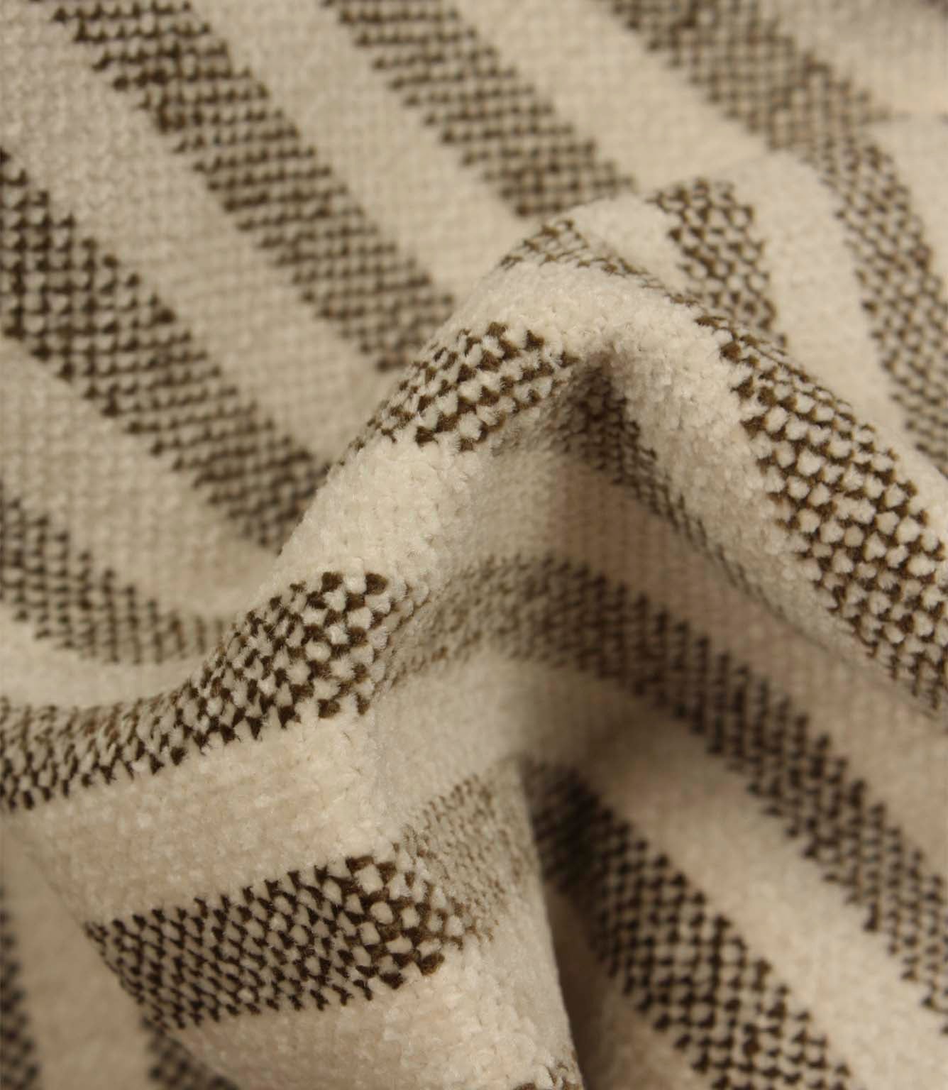 Detailed close-up of Cavendish Stripe Slate striped upholstery fabric showing the textured woven stripe design, soft velour-style finish and slate grey colouring.