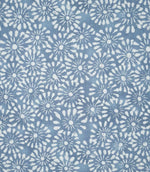 Close-up of Chamberry Bluebell fabric featuring a small-scale floral print of white daisy-like flowers with delicate petals and fine radiating details on a soft, muted blue background.