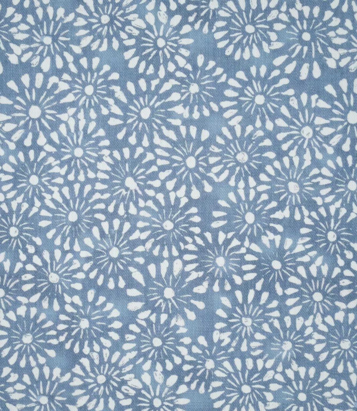 Close-up of Chamberry Bluebell fabric featuring a small-scale floral print of white daisy-like flowers with delicate petals and fine radiating details on a soft, muted blue background.