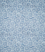 Chamberry Bluebell floral fabric displaying a repeating all-over pattern of small white daisy-inspired flowers on a dusty blue background, showing the contemporary design and closely arranged blooms.