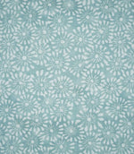 Close-up of Chamberry Duck Egg fabric featuring a delicate, small-scale floral print with white daisy-like flowers and fine radiating petals on a soft duck egg blue-green background.