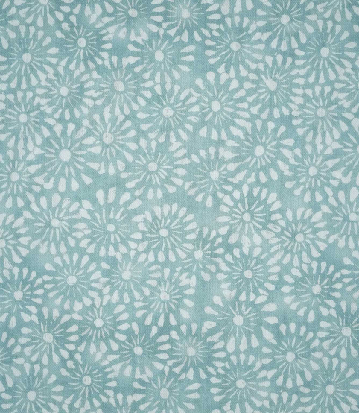 Close-up of Chamberry Duck Egg fabric featuring a delicate, small-scale floral print with white daisy-like flowers and fine radiating petals on a soft duck egg blue-green background.