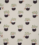 Christmas Pudding Neutral fabric featuring repeating festive Christmas puddings decorated with green holly, red berries and playful mice on a warm neutral background.