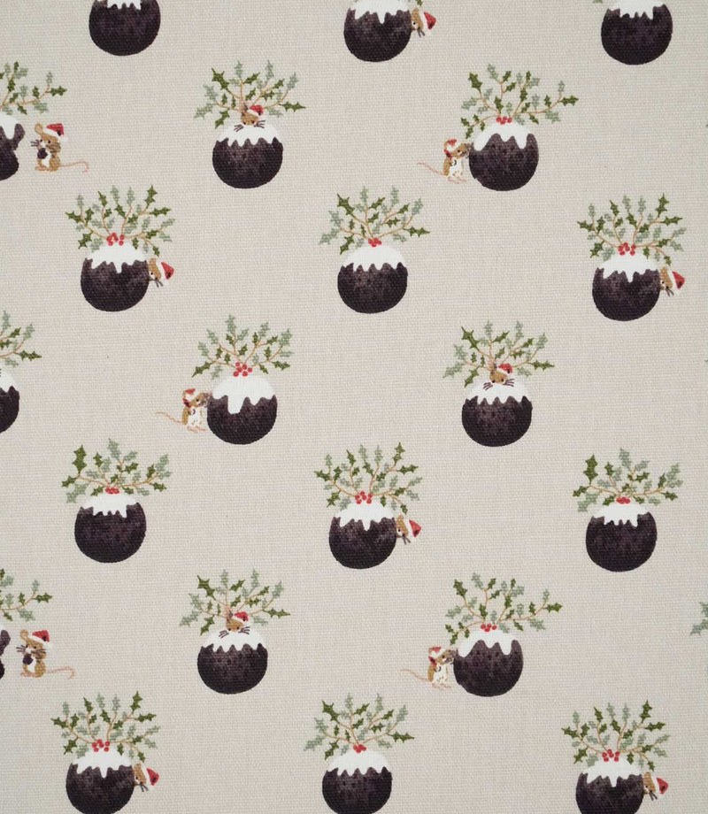 Christmas Pudding Neutral fabric featuring repeating festive Christmas puddings decorated with green holly, red berries and playful mice on a warm neutral background.