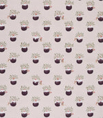A repeating festive pattern of small christmas puddingillustrations with holly, mice and mistletoe on a light beige textured background.