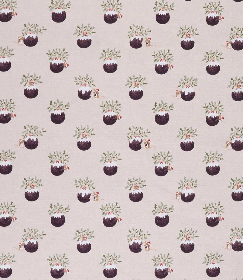 A repeating festive pattern of small christmas puddingillustrations with holly, mice and mistletoe on a light beige textured background.