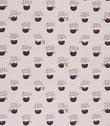 A repeating festive pattern of small christmas puddingillustrations with holly, mice and mistletoe on a light beige textured background.