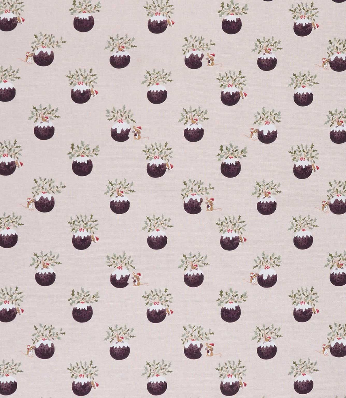 A repeating festive pattern of small christmas puddingillustrations with holly, mice and mistletoe on a light beige textured background.
