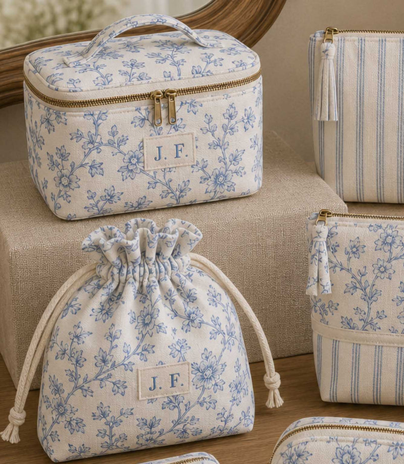 Blue ditsy floral and stripe fabric  makeup bags and pouches