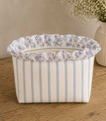 Blue ditsy floral and stripe fabric  ruffle makeup pouch